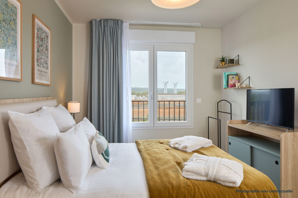 Chambre confortable avec lit double, télévision et décoration moderne.