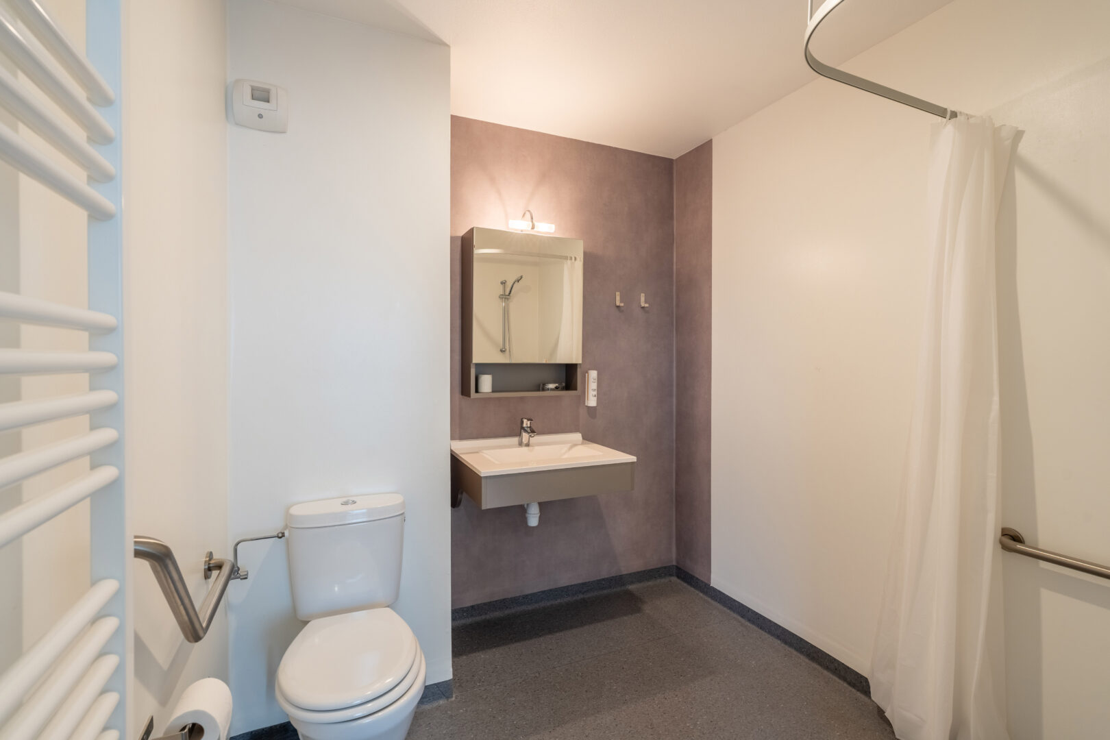 Salle de bain contemporaine avec douche, lavabo et toilettes.