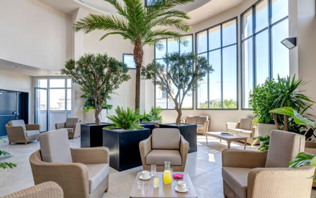 Salon avec grande baie vitrée, mobilier en rotin et décoration végétale.